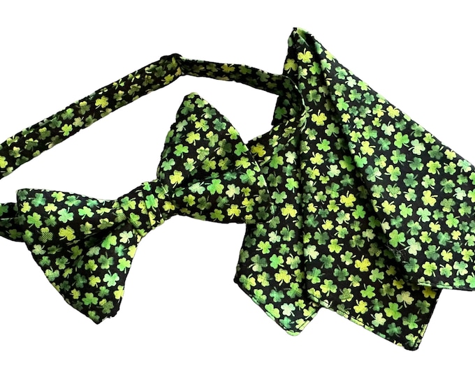 Handmade Pretied Bow Tie and Pocket Square Set - St. Patrick's Day Shades of Green Shamrocks - Adult Men's Sizing - Crafted in the USA