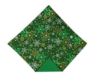 Holiday Pocket Square -  Green Snowflakes - Cotton Handkerchief - Adult Men's Sizing - Handcrafted in the USA