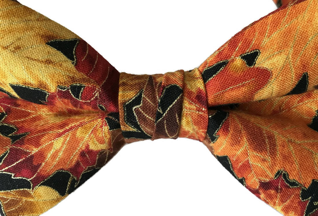 Handmade PreTied Bow Tie Golden Autumn Leaves Design Cotton Bow