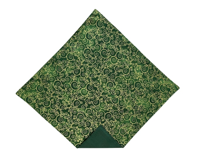 Pocket Square - Green with Gold Metallic Swirls - Cotton- Adult Men's Sizing - Handcrafted in the USA