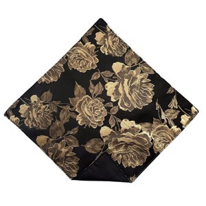 Wedding Pocket Square - Black Gold Roses - Satin Jacquard- Adult Men's Sizing - Handcrafted in the USA