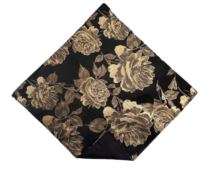 Wedding Pocket Square - Black Gold Roses - Satin Jacquard- Adult Men's Sizing - Handcrafted in the USA