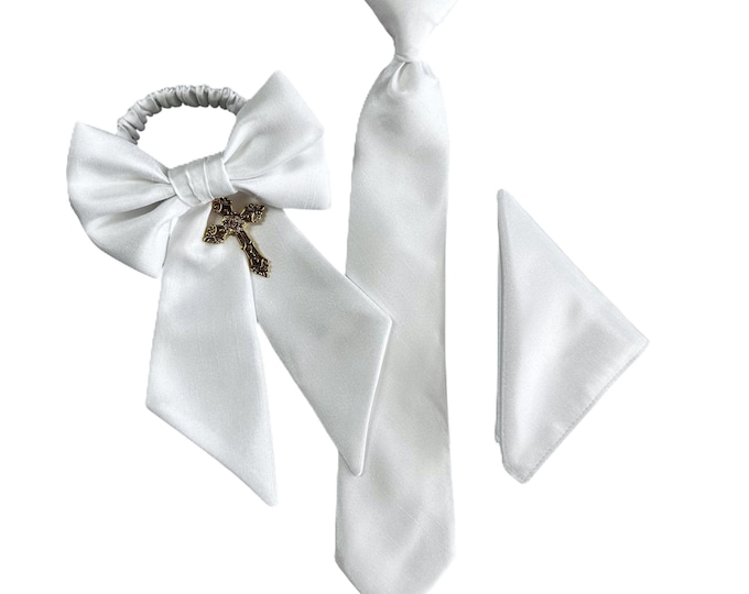 Boys Necktie Clip On, Pocket Square, and Armband - White Shantung with Gold or Silver Cross for Communion - Boys Sizing - Crafted in the USA