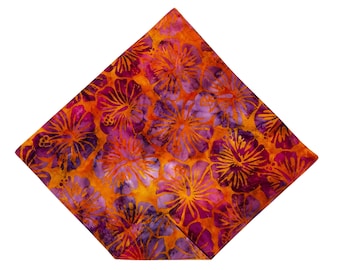 Hawaiian Floral Batik Pocket Square – Tangerine Orange, Handmade