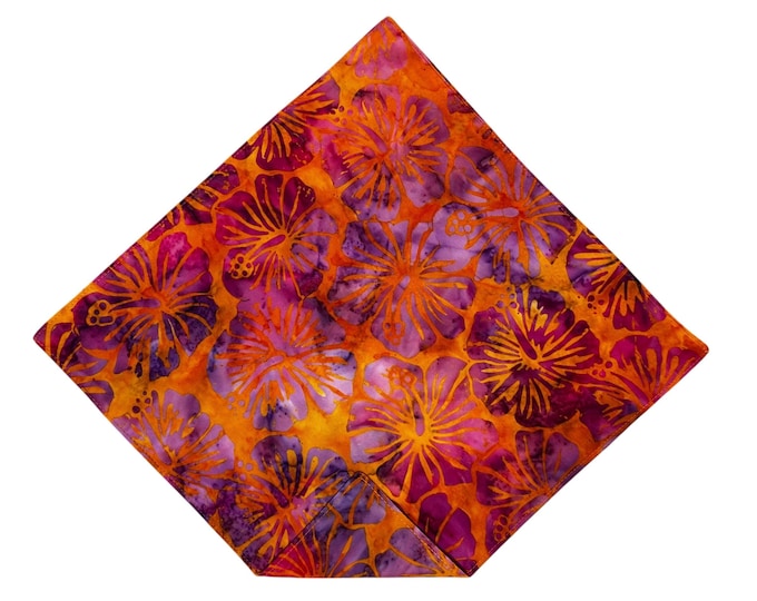 Hawaiian Floral Batik Pocket Square – Tangerine Orange, Handmade