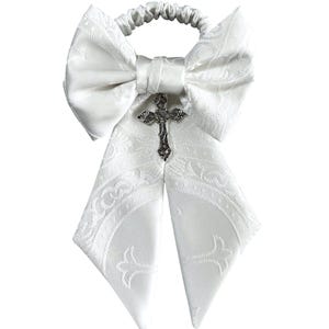 Boys Communion Armband - Clergy White Satin with Silver Cross Charm - Religious Brocade - Boys Sizing - Handcrafted in the USA