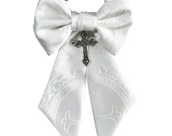 Boys Communion Armband - Clergy White Satin with Silver Cross Charm - Religious Brocade - Boys Sizing - Handcrafted in the USA