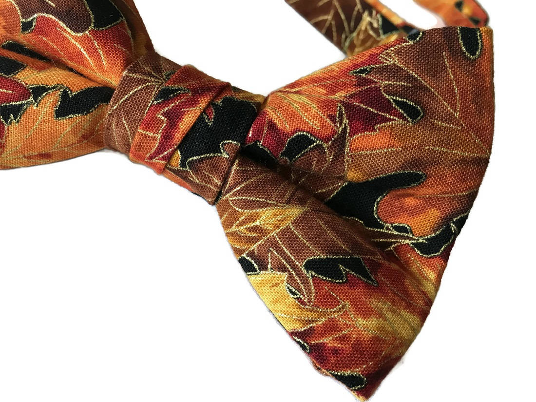 Handmade PreTied Bow Tie Golden Autumn Leaves Design Cotton Bow