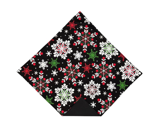 Holiday Pocket Square - Black Snowflakes -Cotton  Handkerchief - Adult Men's Sizing - Handcrafted in the USA