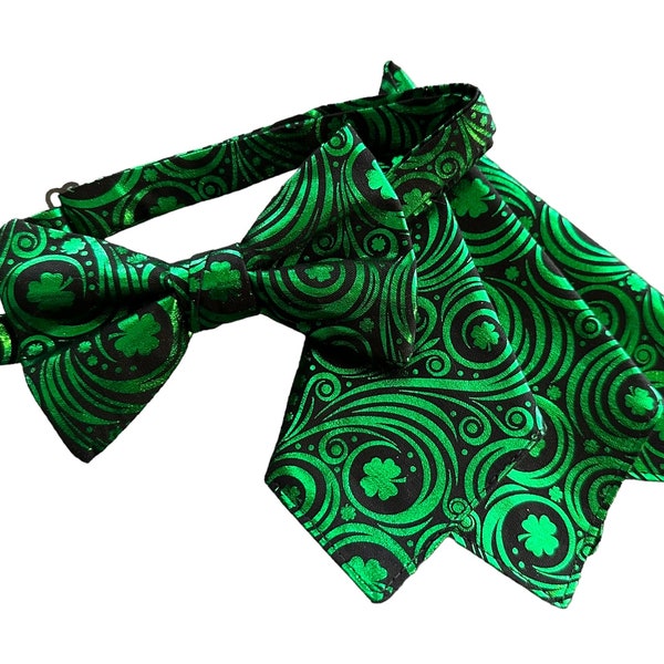 Handmade Pretied Bow Tie and Pocket Square Set - Green Foil Shamrocks and Swirls on Black - Adult Men's Sizing - Crafted in the USA