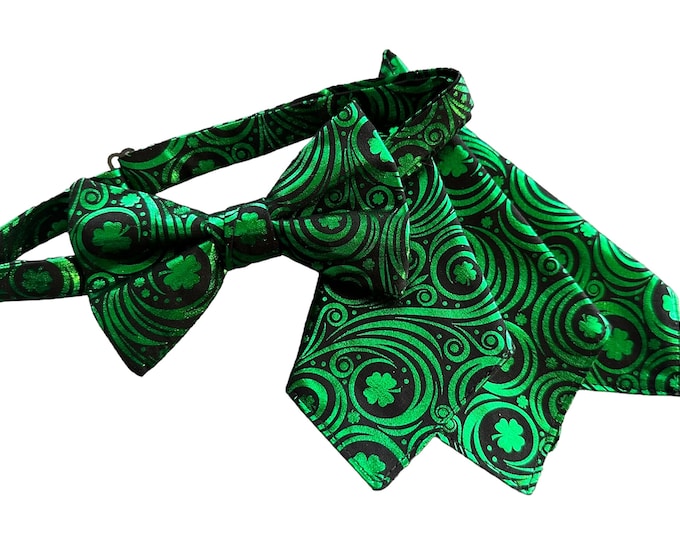 Handmade Pretied Bow Tie and Pocket Square Set - Green Foil Shamrocks and Swirls on Black - Adult Men's Sizing - Crafted in the USA