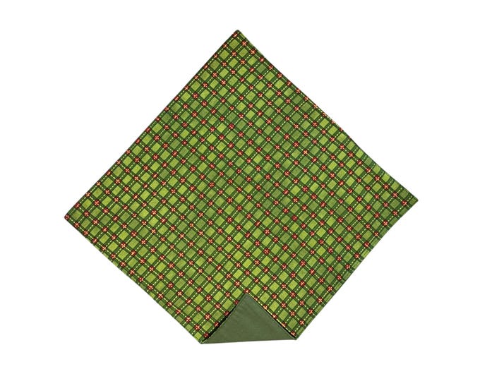 Holiday Pocket Square - Green Christmas Plaid - Cotton Handkerchief - Adult Men's Sizing - Handcrafted in the USA