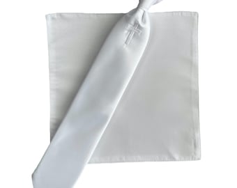 Boys White Satin Necktie & Pocket Square Set – Metallic Cross, First Communion