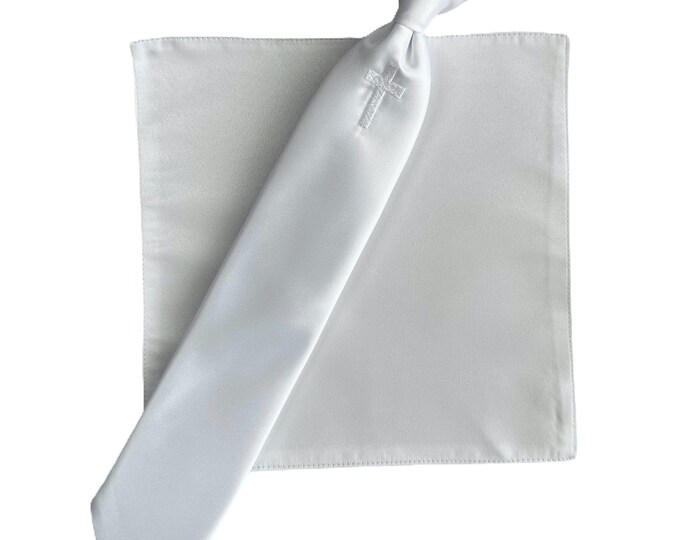 Boys Necktie & Pocket Square Set - White Solid with a White, Gold metallic, or Silver Metallic Cross - Boys Sizing - Handcrafted in the USA