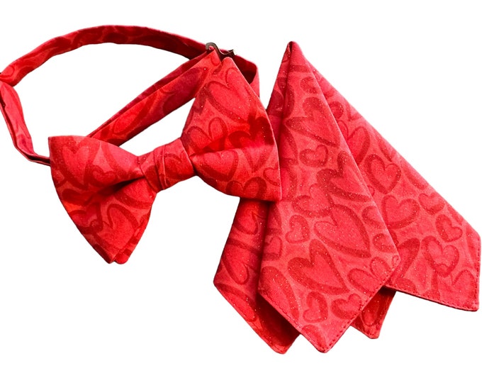 Handmade Pretied Bow Tie and Pocket Square Set - Valentine Sweetheart Red Scattered Hearts on Red - Adult Men's Sizing - Crafted in the USA