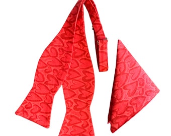 Handmade Valentine's Red Hearts Bow Tie and Pocket Square Set
