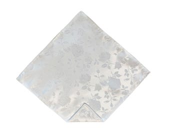 Pocket Square - White Rose Satin Jacquard - Wedding Handkerchief - Adult Men's Sizing - Handcrafted in the USA