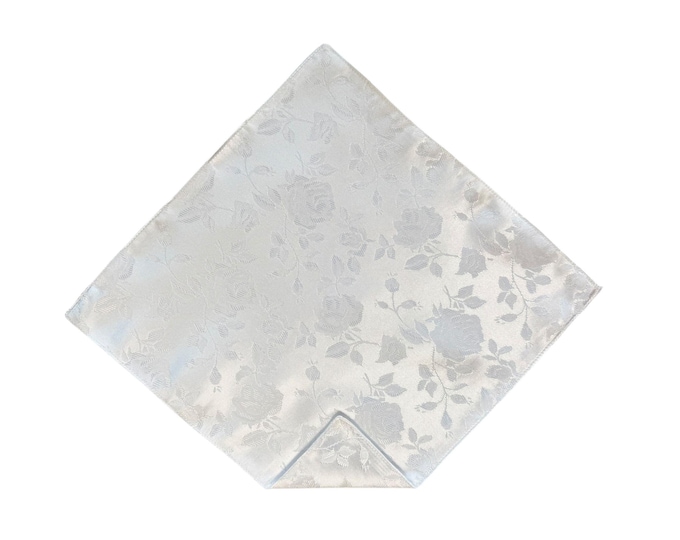 Pocket Square - White Rose Satin Jacquard - Wedding Handkerchief - Adult Men's Sizing - Handcrafted in the USA