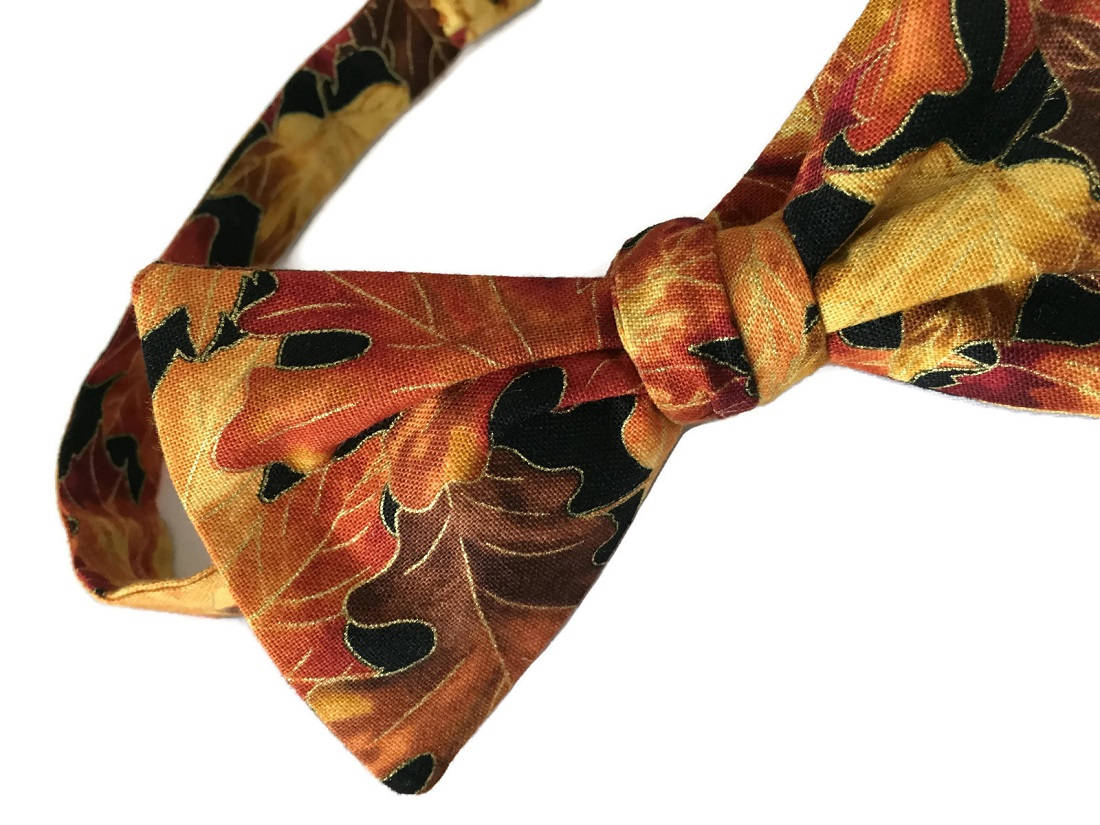 Handmade SelfTie Bow Tie Golden Autumn Leaves Design Cotton Bow Tie