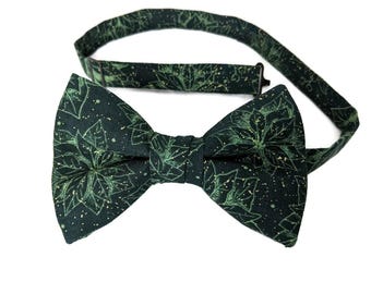 Handmade Pre-tied Bow Tie - Green Christmas Poinsettias - Cotton - Adult Men's Sizing - Crafted in the USA
