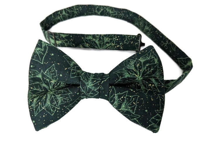 Handmade Pre-tied Bow Tie - Green Christmas Poinsettias - Cotton - Adult Men's Sizing - Crafted in the USA