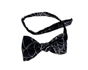 Handmade Halloween Bow Tie – Black Spider Web Pre-Tied Cotton Bowtie