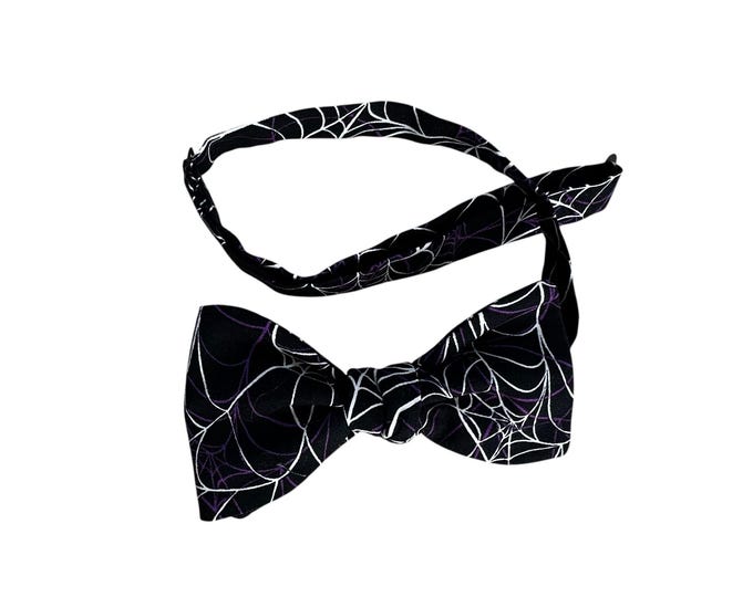 Men’s Halloween Bow Tie – Handmade Pre-Tied Black Bow Tie with Purple and White Spider Web – Adjustable Cotton Tie for Parties & Fall Events