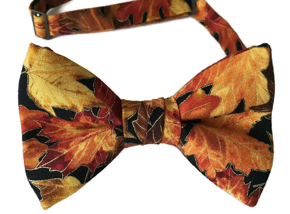 Handmade PreTied Bow Tie Golden Autumn Leaves Design Cotton Bow