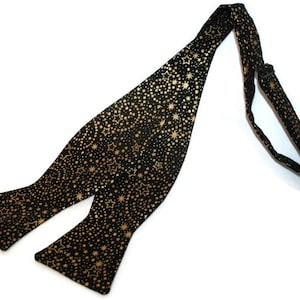 Handmade Self-Tie Bow Tie - Black with Gold Metallic Stars Holiday Design- Men&#39;s and Boys Sizing - Crafted in the USA