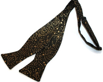 Handmade Self-Tie Bow Tie - Black with Gold Metallic Stars Holiday Design- Men's and Boys Sizing - Crafted in the USA