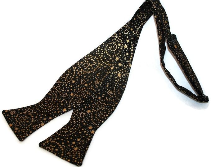 Handmade Self-Tie Bow Tie - Black with Gold Metallic Stars Holiday Design- Men's and Boys Sizing - Crafted in the USA