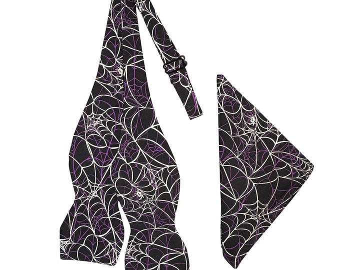 Spider Web Bow Tie and Pocket Square Set: Halloween Cotton, USA Made