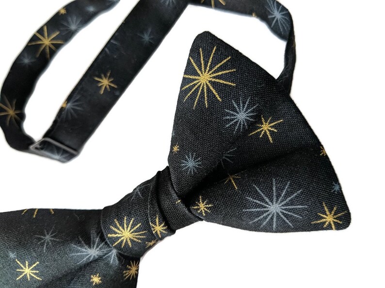 Baby to Adult Men/'s Sizing Black with Gold Metallic and Grey Stars Cotton Bow Tie Crafted in the USA Handmade Pre-Tied Bow Tie
