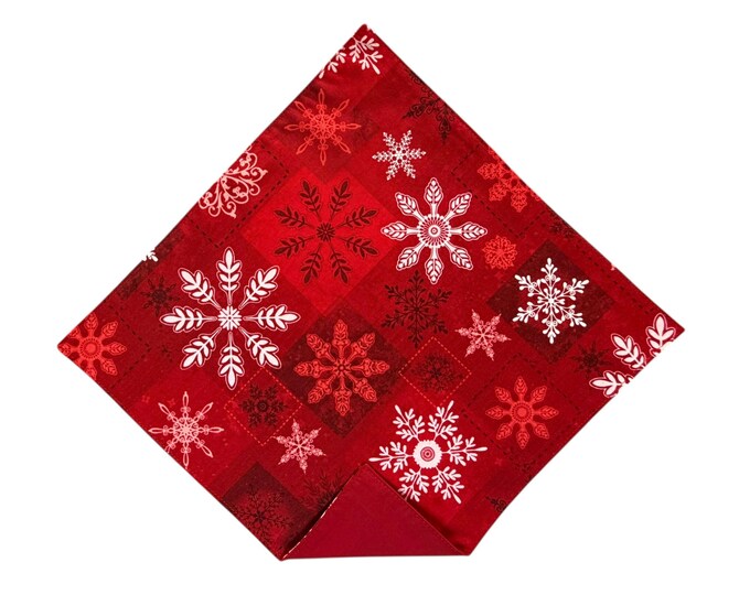 Holiday Pocket Square - Red & White Snowflakes Handkerchief - Adult Mens Sizing - Crafted in the USA