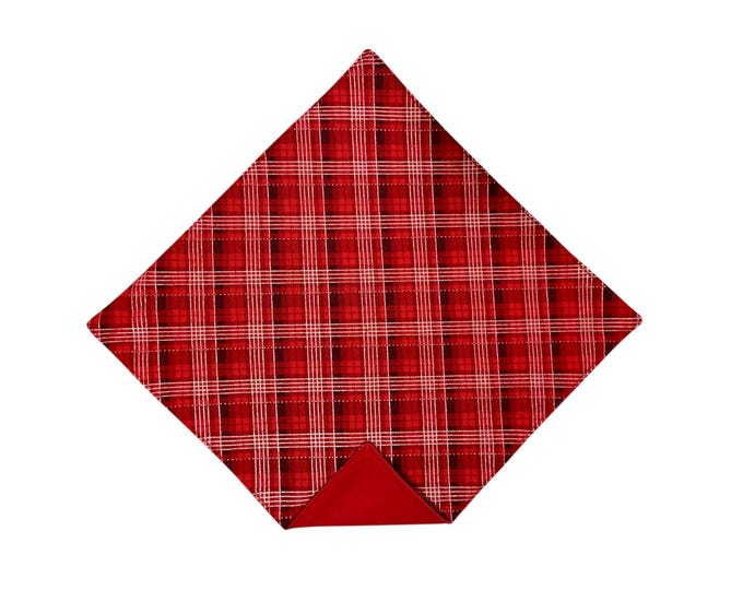 Holiday Pocket Square - Red with Silver Metallic Plaid - Adult Men's Sizing - Handcrafted in the USA