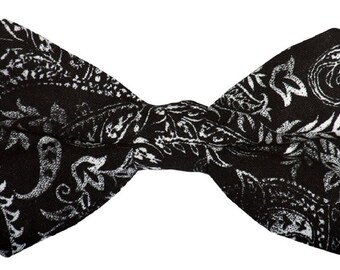 Handmade Pretied Bow Tie - Black and White Paisle - Adult Men's Sizing - Crafted in the USA