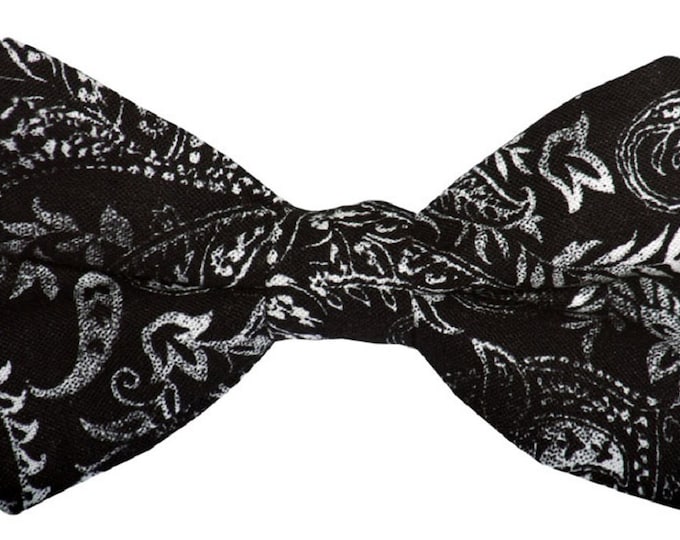 Handmade Pre-Tied Bow Tie - Black and White Paisley Design Cotton Bow Tie - Baby to Adult Men's Sizing - Crafted in the USA