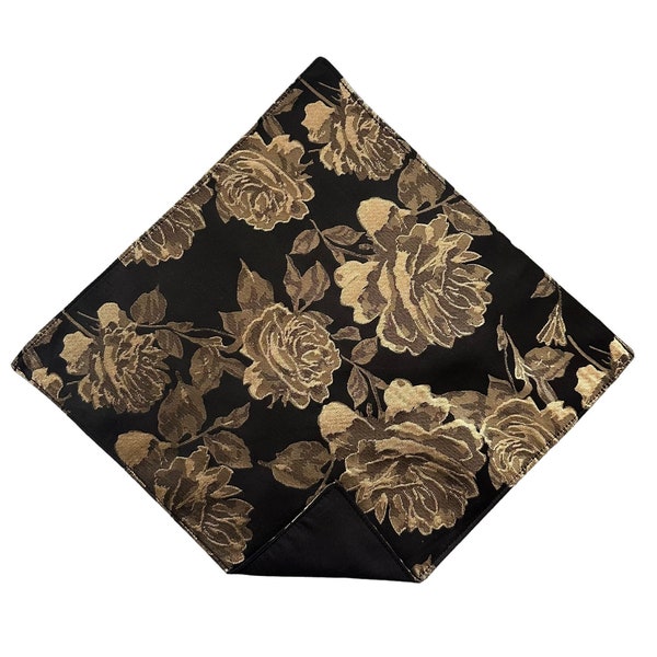 Handkerchief Pocket Square - Black with Gold Roses - Satin Jacquard- Adult Men's and Boys Sizing - Handcrafted in the USA