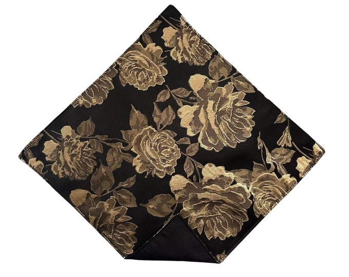 Handkerchief Pocket Square - Black with Gold Roses - Satin Jacquard- Adult Men's and Boys Sizing - Handcrafted in the USA