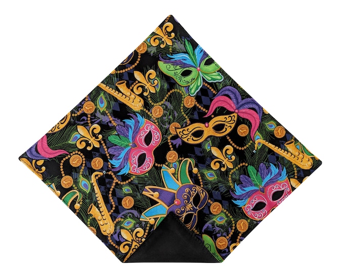 Mardi Gras Pocket Square – Masquerade Mask & Fleur Des Lis, Reversible Cotton