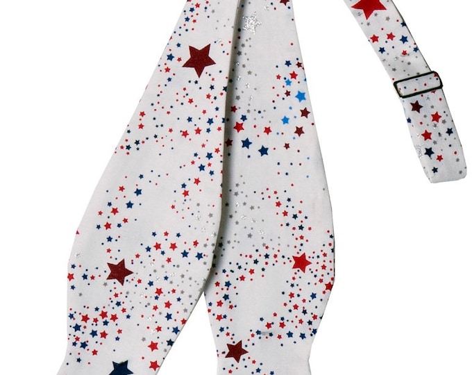 Holiday Self-Tie Bow Tie - White with Blue, Red and Silver Metallic Stars - Adult Men's & Boy's Sizing - Handcrafted in the USA