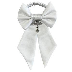 Boys Communion Armband - Religious Silver or Gold Cross Charm - White Shantung Sateen - Boys Sizing - Handcrafted in the USA