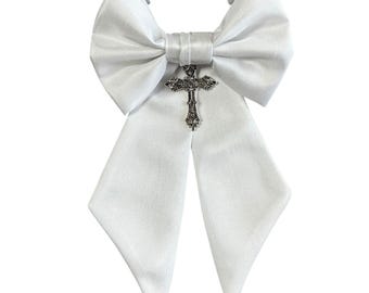 Boys Communion Armband - Religious Silver or Gold Cross Charm - White Shantung Sateen - Boys Sizing - Handcrafted in the USA