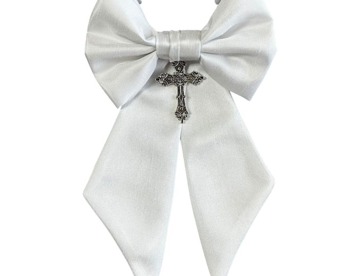 Boys Communion Armband - Religious Silver or Gold Cross Charm - White Shantung Sateen - Boys Sizing - Handcrafted in the USA