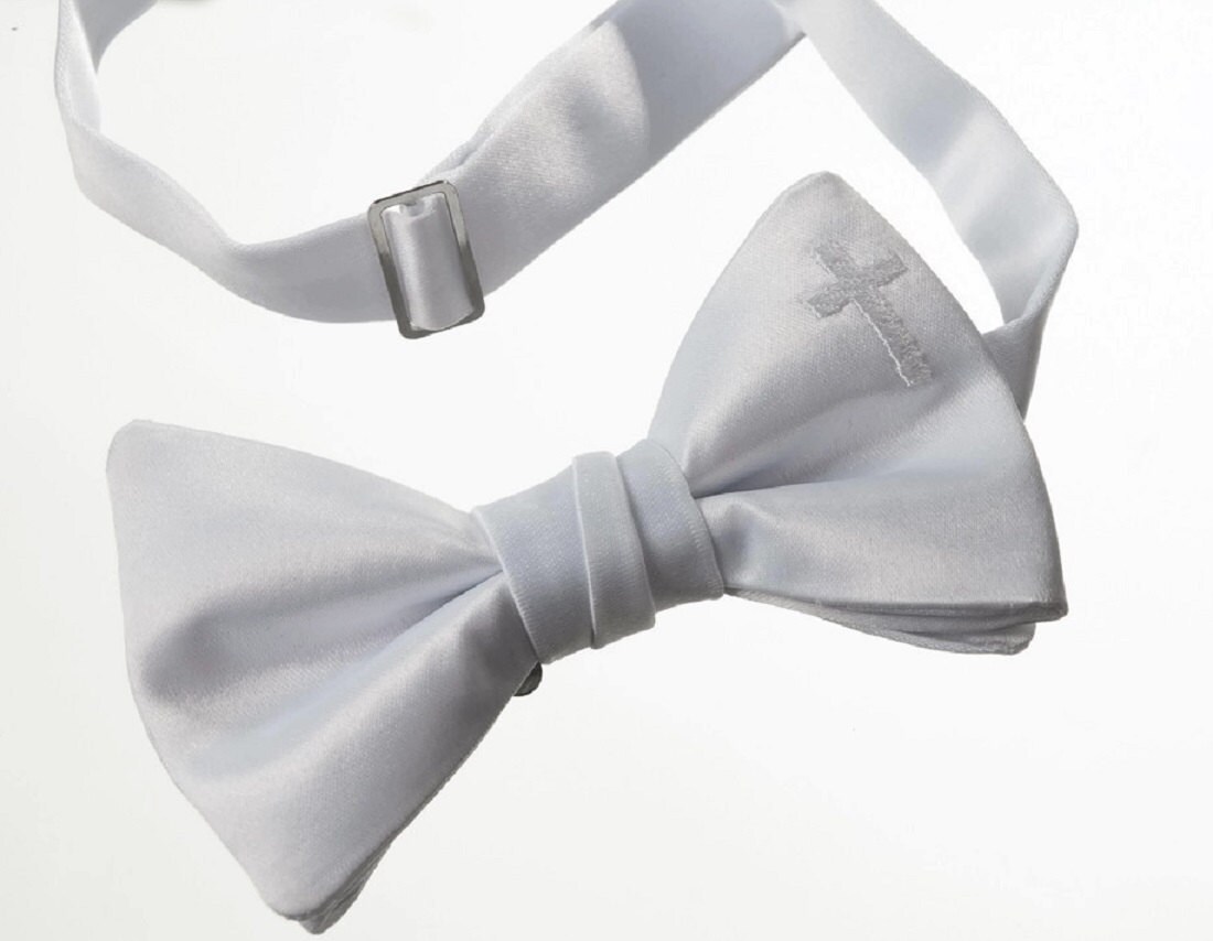 Boy's Bow Tie White Satin with Embroidered Religious Cross Baby to