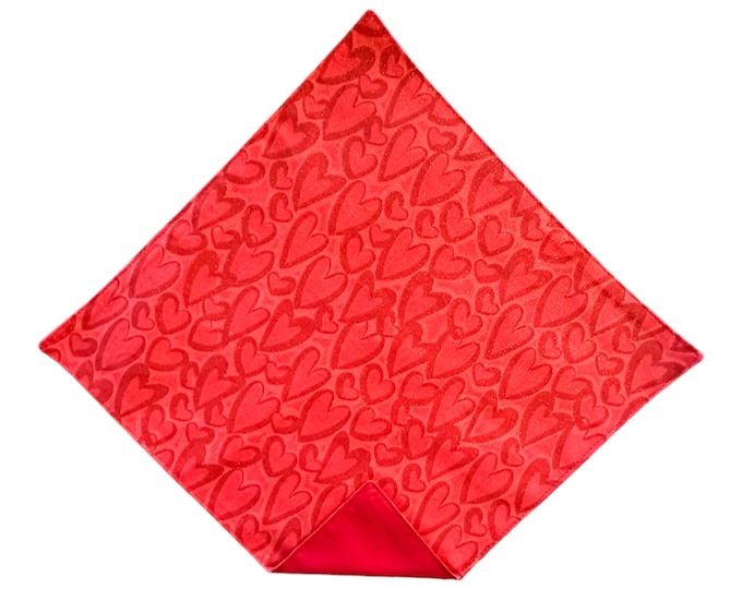 Valentine Pocket Square - Red Hearts with Iridecent Touches Handkerchief - Adult Sizing - Handcrafted in the USA