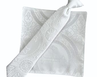 Boys Necktie Clip On and Pocket Square Set - White Clergy Pattern Dress Tie for Communion - Boys Sizing - Handcrafted in the USA