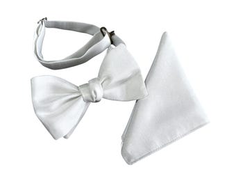 White Shantung Bow Tie & Pocket Square Set - First Communion, USA Made