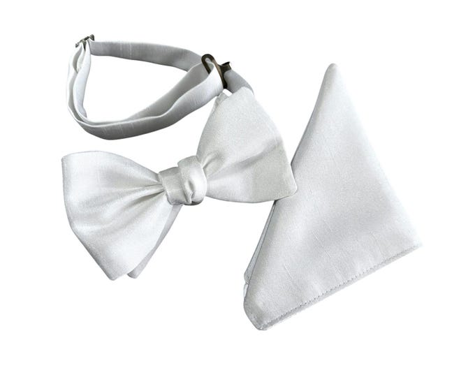 Boys Bow Tie and Pocket Square Set - White Shantung Sateen for First Holy Communion - Boys and Youth Sizing - Handcrafted in the USA