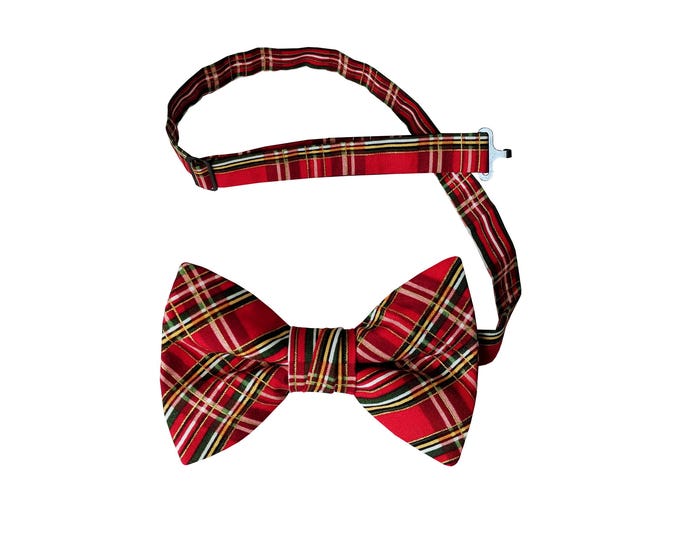Handmade Pre-tied Bow Tie - Red with Gold Metallic Plaid Celebration Cotton Bow Tie - Adult Mens Sizing - Crafted in the USA
